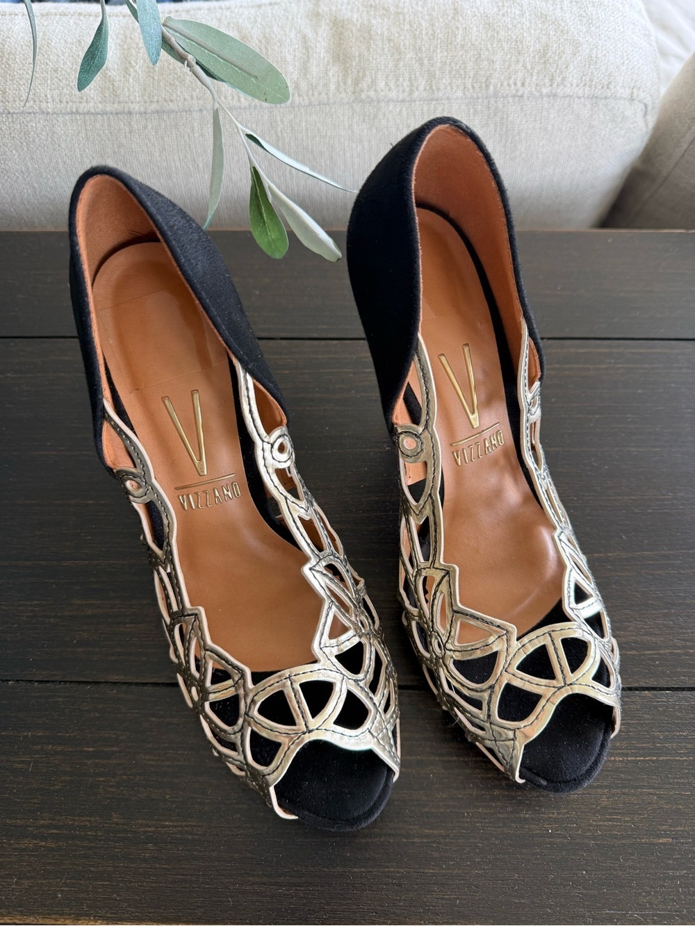 Vizzano size 9 Black Peep-Toe Heels with Silver Cutout Overlay Stiletto